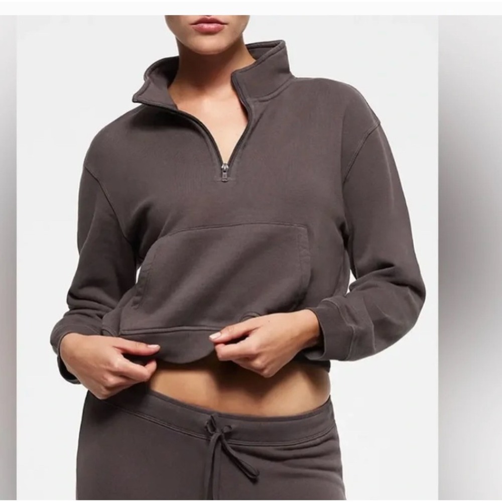 SKIMS Womens French Terry Quarter Zip Pullover Brown Cropped Sweatshirt Size M